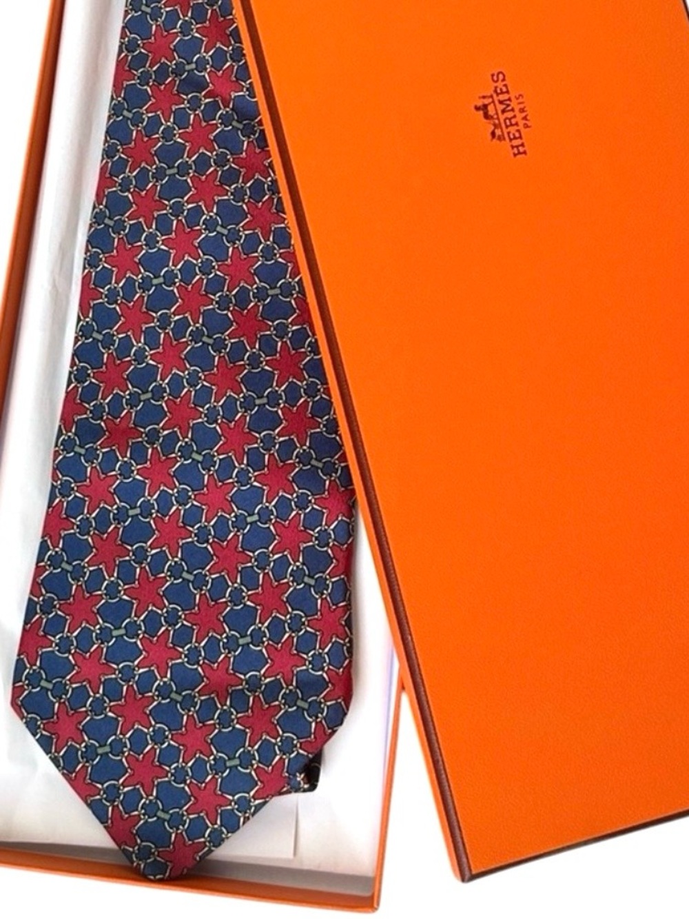 Hermès Silk Tie Red Blue Geometric w/ Box Made in France
